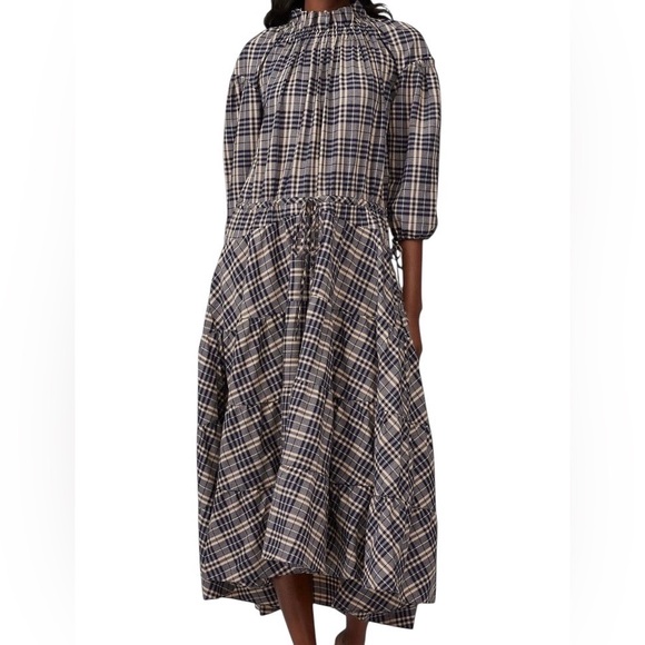 Teija Cotton & Wool Plaid Puff 3/4 Sleeve Ruffle High Neck Dress Size 8